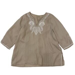 Simply NY 100% Linen Embroidered Tunic | Sequin Trim, Boho Resort Wear, XL New